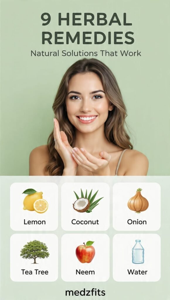 Wellness infographic showing a woman with 9 herbal natural remedies like lemon, coconut oil, aloe vera, and neem on a sage green background. Text reads 9 Herbal Remedies Natural Solutions That Work by medzfits