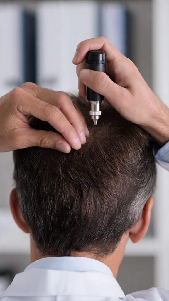 Dermatologist examining scalp with dermatoscope for oily scalp and hair loss
