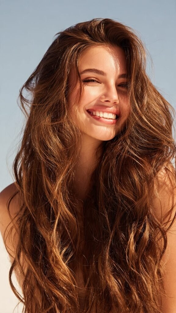 Woman with clean shiny voluminous hair after fixing oily scalp in summer