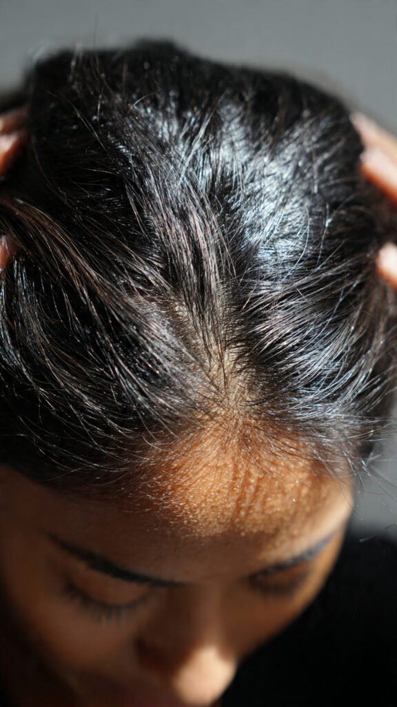  Close up of oily greasy scalp and roots in summer heat ✅
