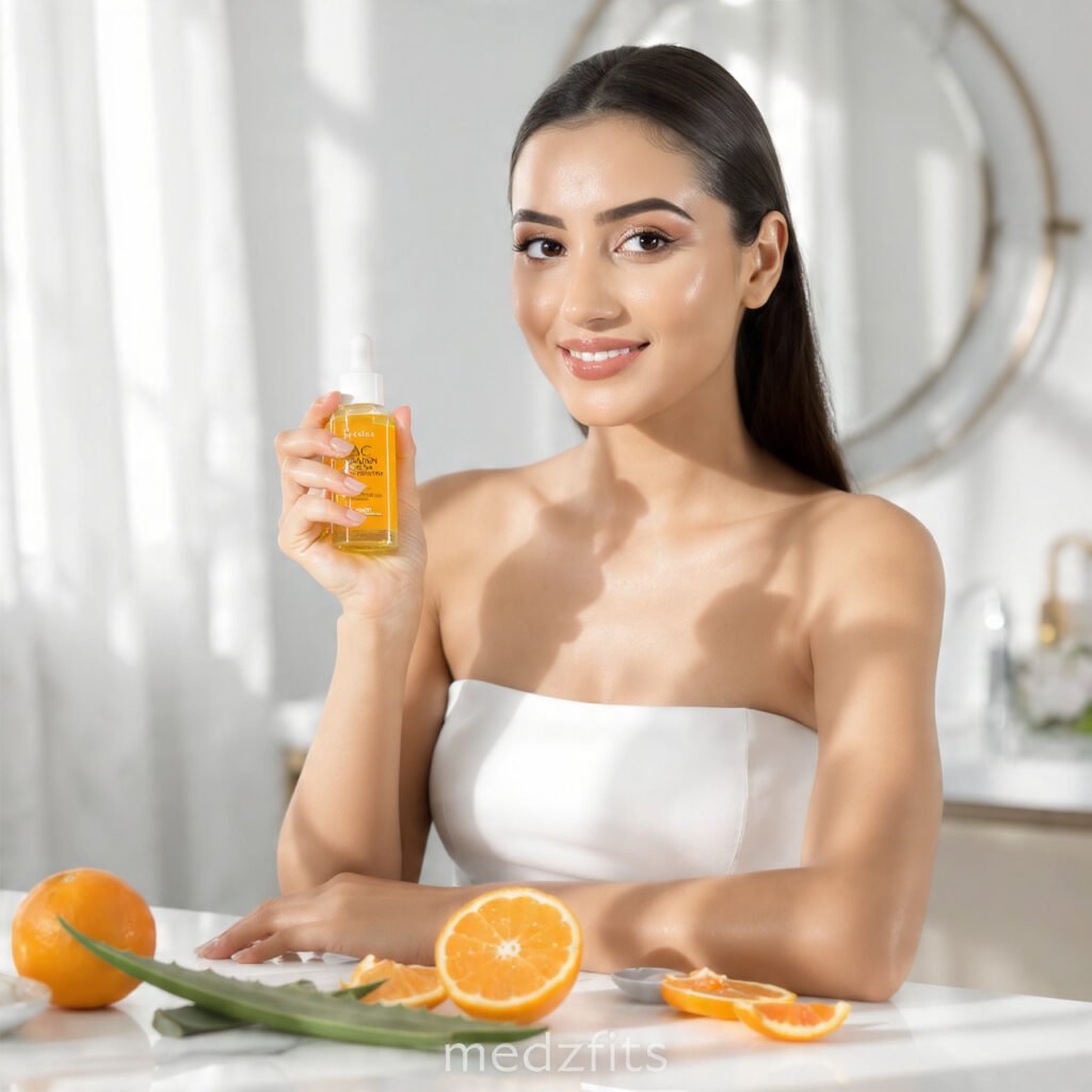 Young woman applying vitamin C serum and sunscreen to remove dark spots and pigmentation naturally with medzfits skincare tips