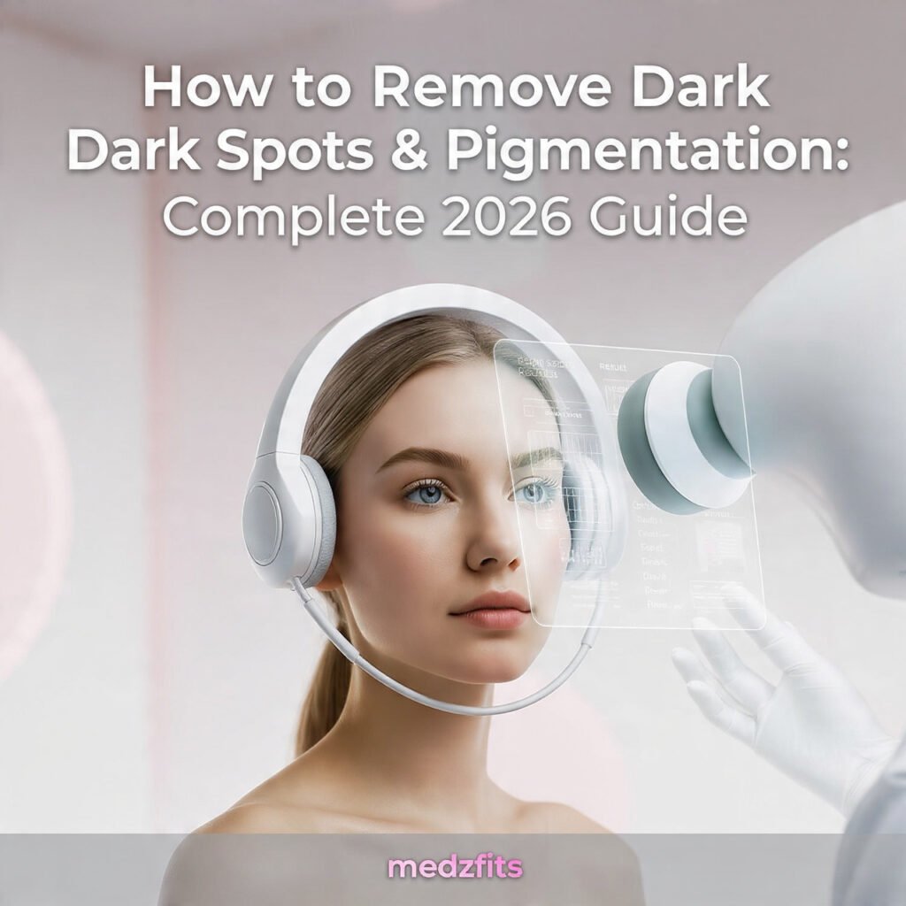 How to Remove Dark Spots and Pigmentation: Complete 2026 Guide - Futuristic AI skin scanner showing clear skin results with medzfits