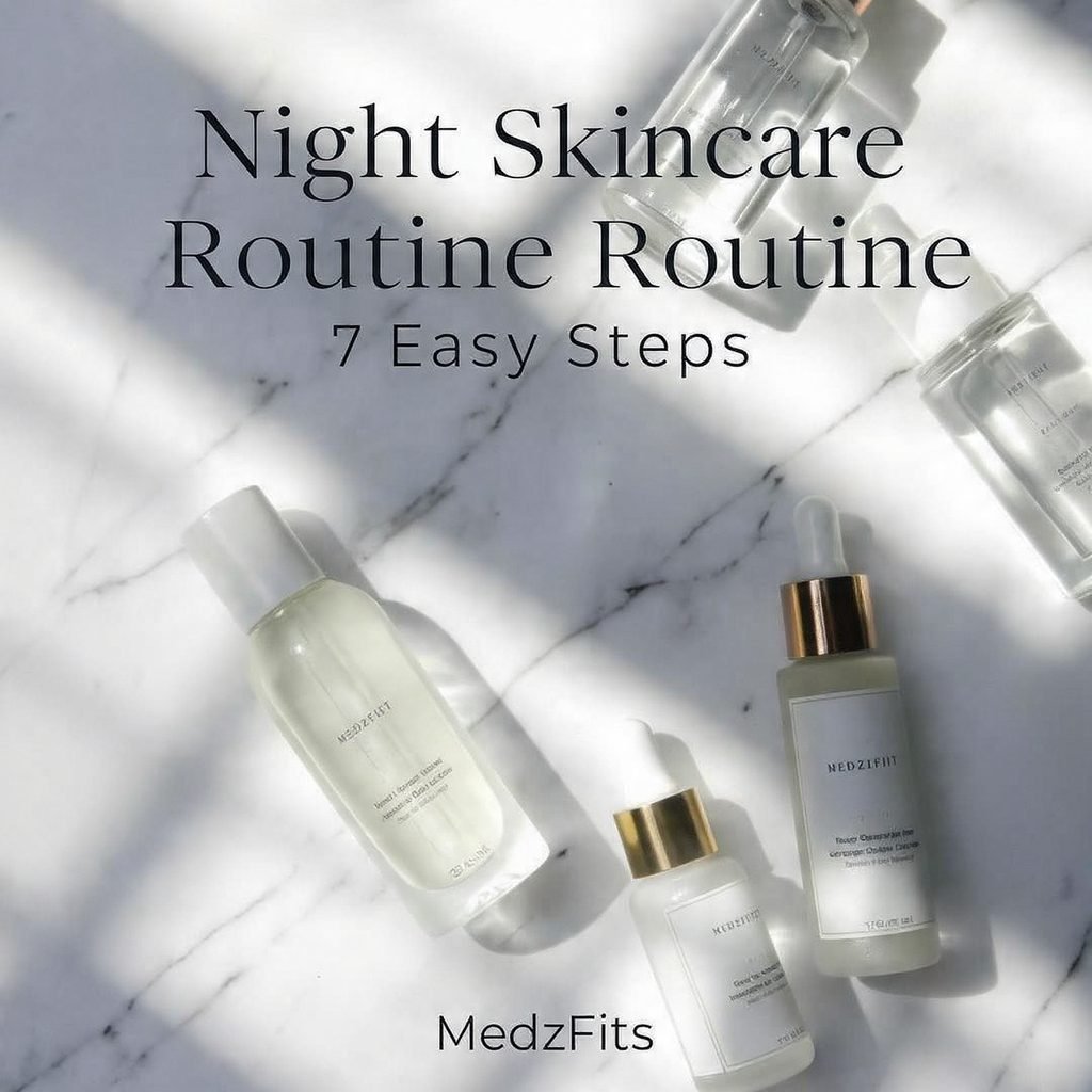  Night skincare routine product flatlay MedzFits