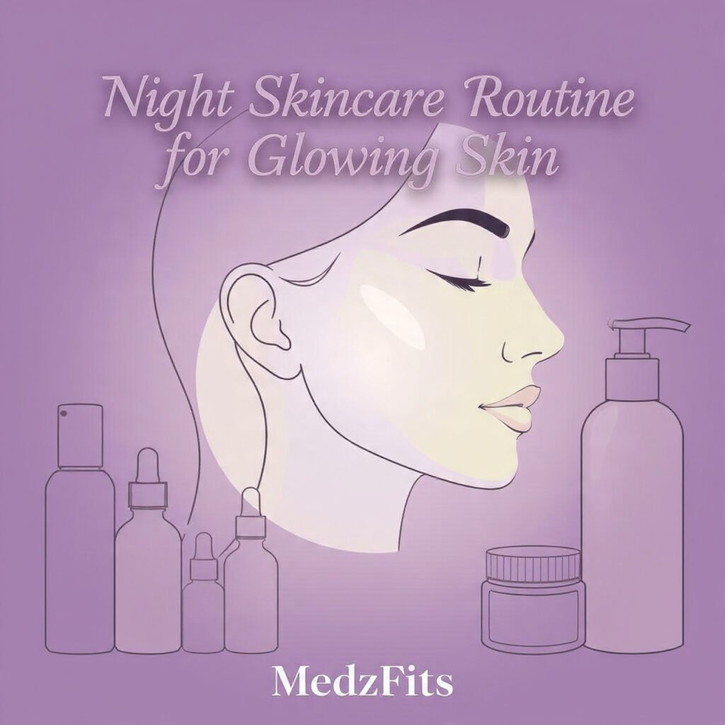Night skincare routine for glowing skin face illustration MedzFits