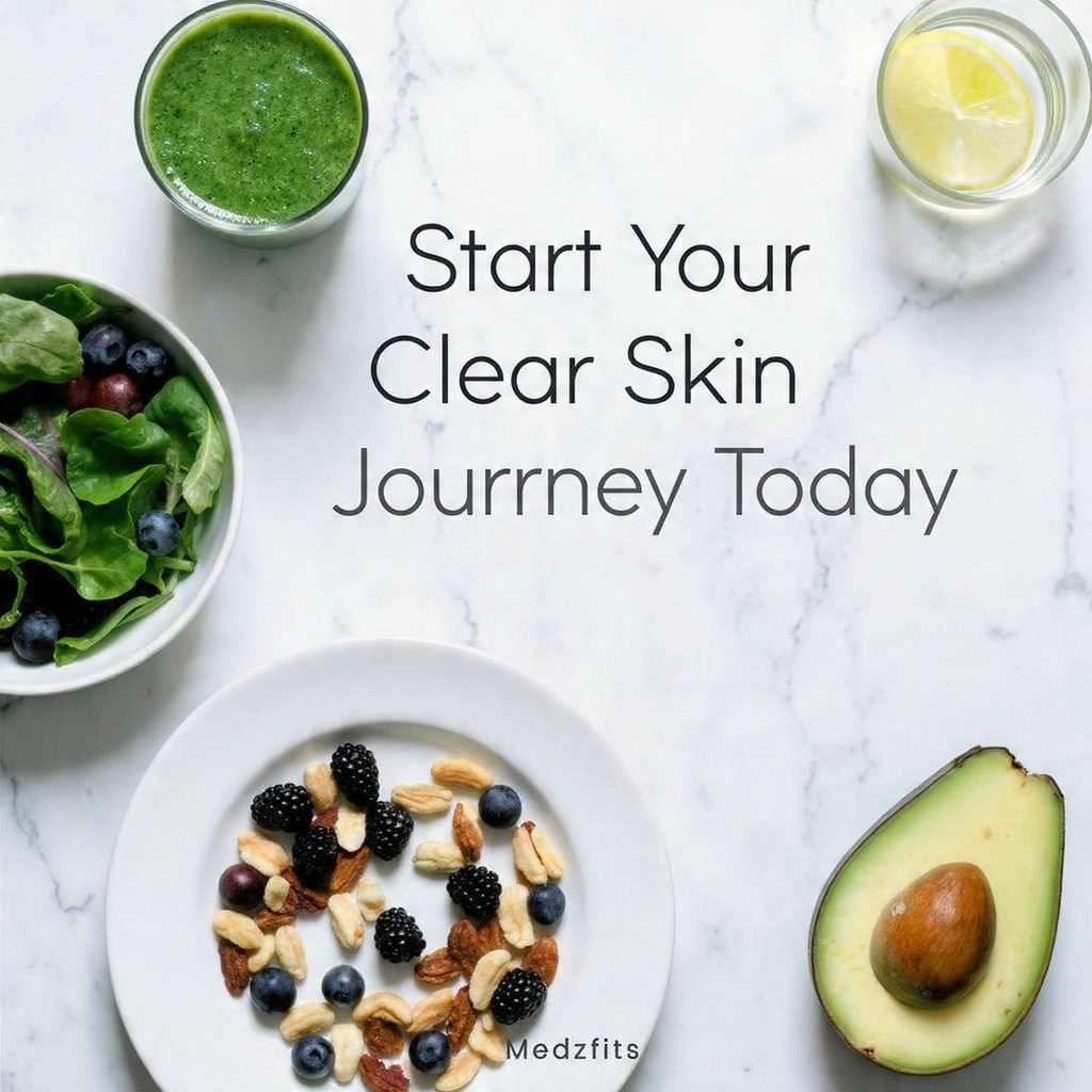 best foods for clear skin flat lay with smoothie salad and berries
