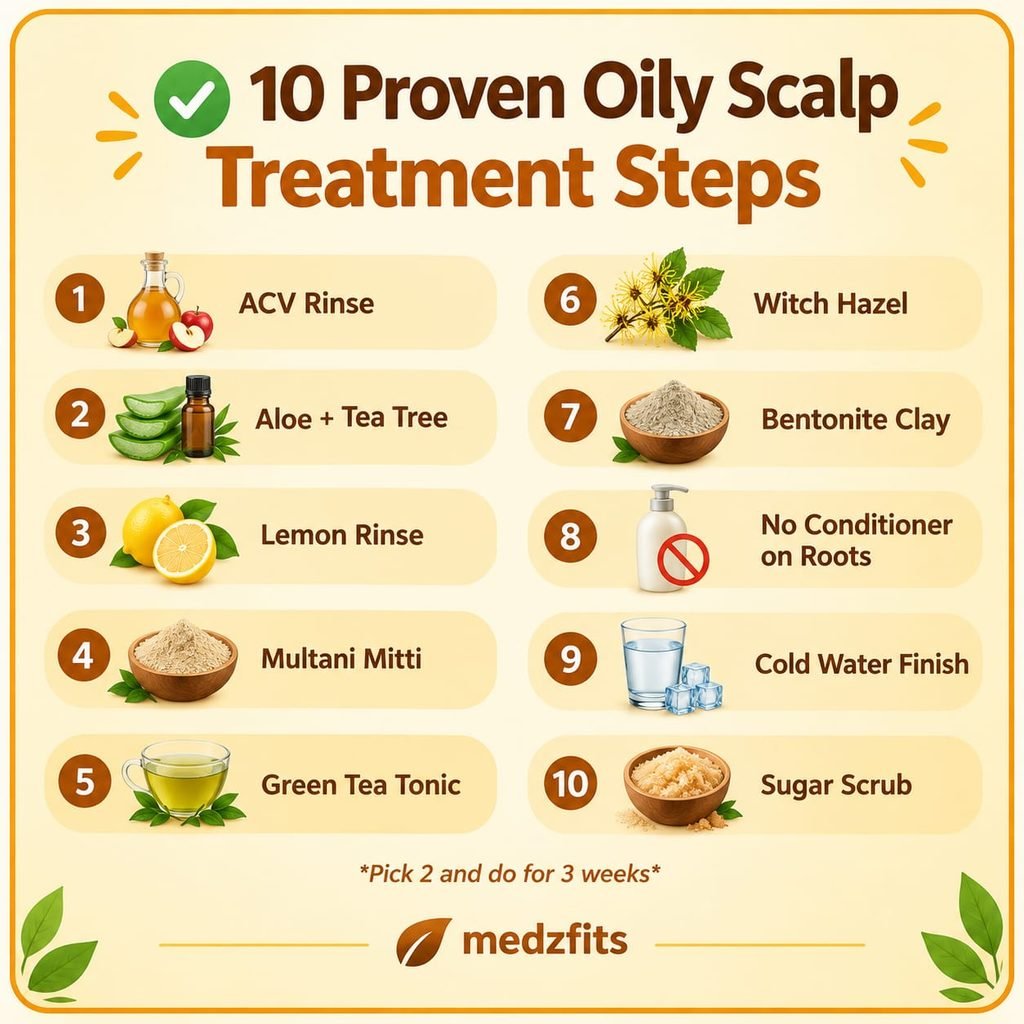 "10 oily scalp treatment home remedies checklist with icons - medzfits"