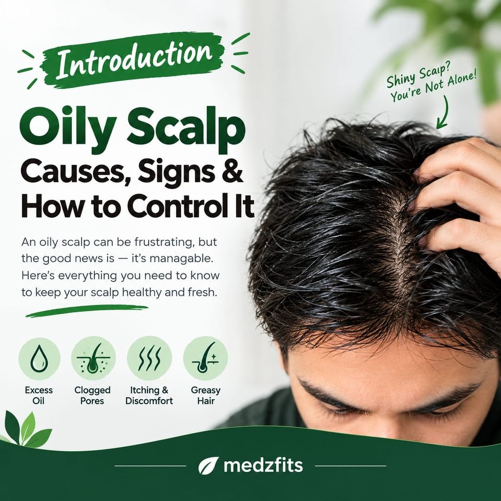"Oily scalp treatment guide showing causes, signs and how to control excess oil, clogged pores, itching and greasy hair - medzfits"