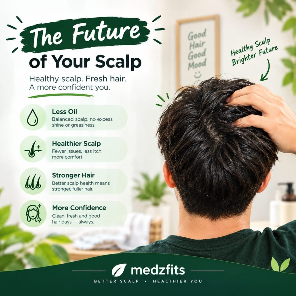 "Future of healthy scalp after oily scalp treatment - less oil, stronger hair, more confidence benefits by medzfits"