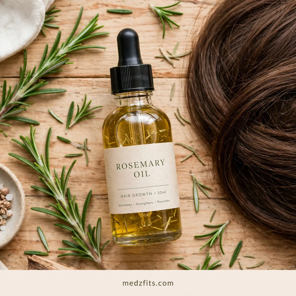  rosemary oil for hair growth bottle with fresh rosemary leaves on wooden table