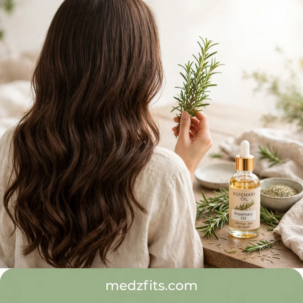 woman with long thick hair holding rosemary for hair growth treatment