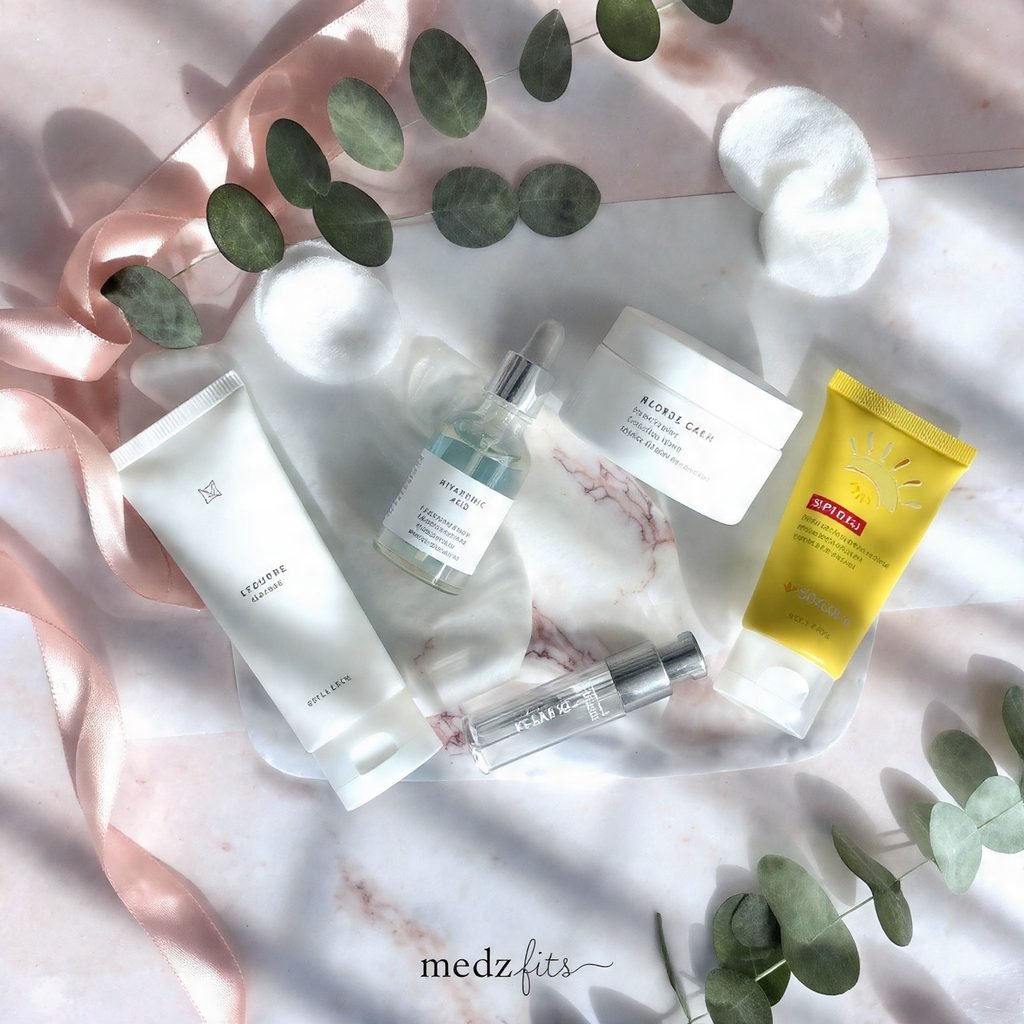 Aesthetic skincare routine for beginners 4-step products cleanser serum moisturizer sunscreen medzfits 2026